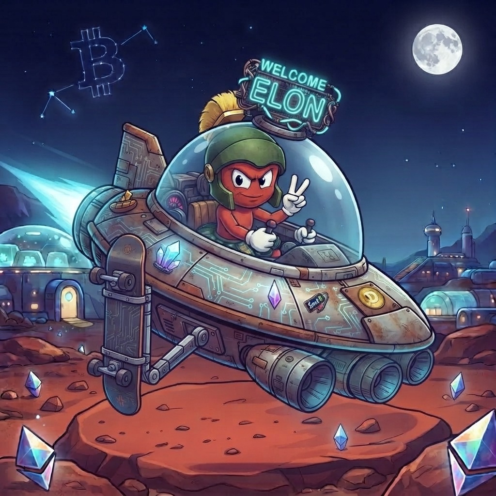 Milo the Gen-3 Martian Synthezoid piloting his retro hover-craft with hyper-crystals and skateboard across a starry Martian night